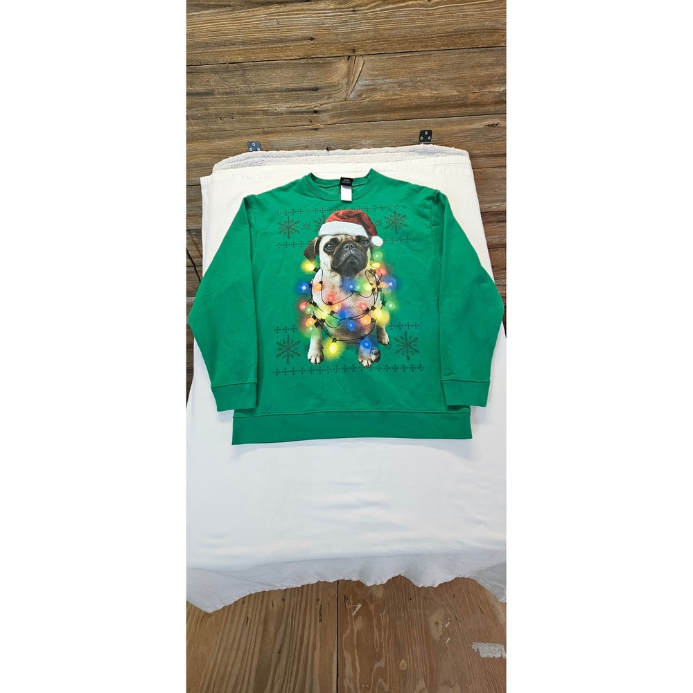 Fifth Sun Mens Green Christmas Pug Santa Hat Lights Sweatshirt XL Holiday Top